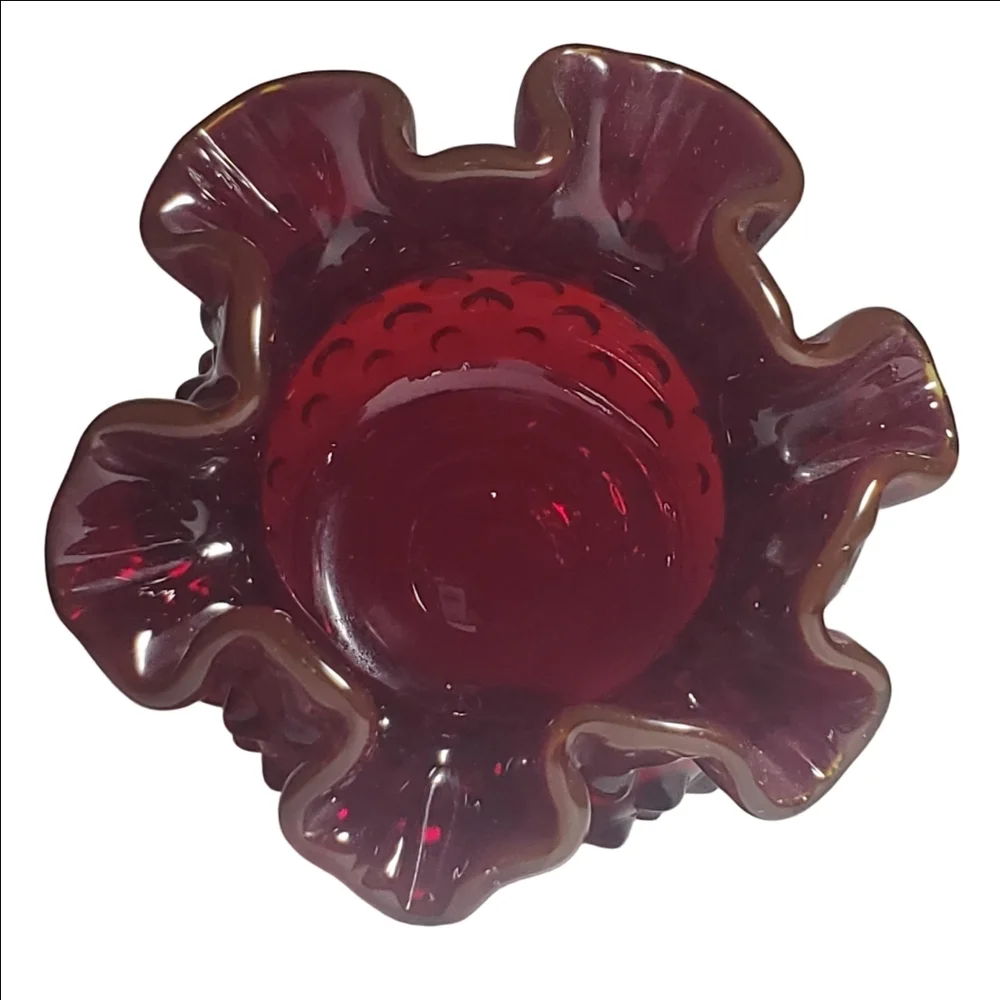 Vintage FENTON Ruby Red Amberina Hobnail Rose Bowl Ruffled Edge Vase Art Glass